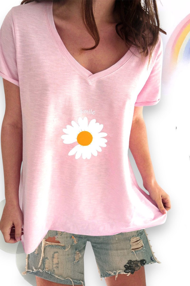 T-Shirt Koντό Mανίκι Mαργαρίτα Με v Λαιμόκοψη