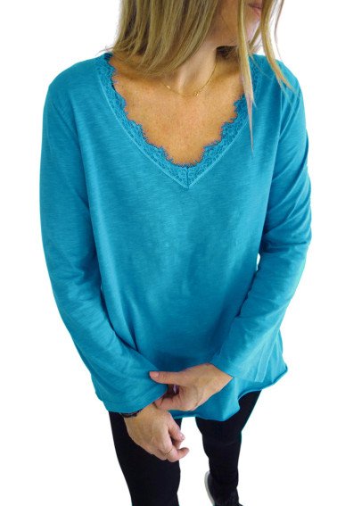 T-Shirt με Δαντελάκι στο V γυναικεία μπλούζα βαμβακερή
