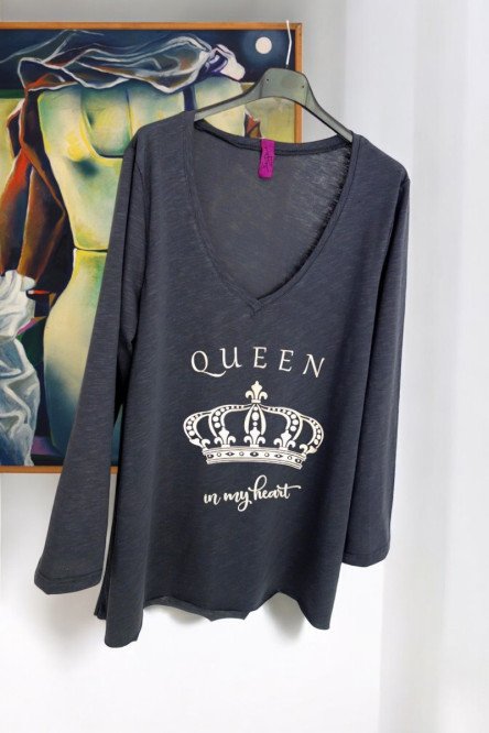 T-Shirt Queen Ασημί με Στρας