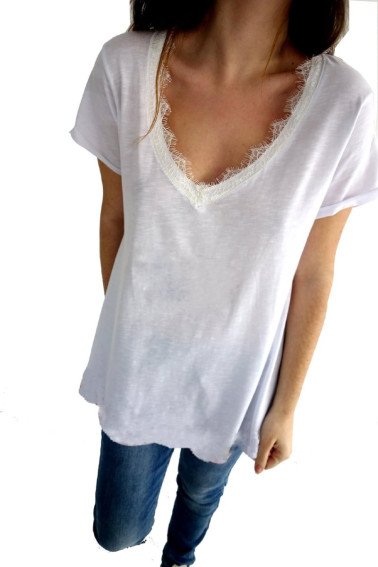 T-shirt Με δαντελάκι Κοντό Μανίκι Cotton σε άλφα άνετη γραμμή