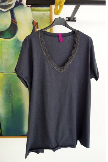 T-shirt Με δαντελάκι Κοντό Μανίκι Cotton σε άλφα άνετη γραμμή