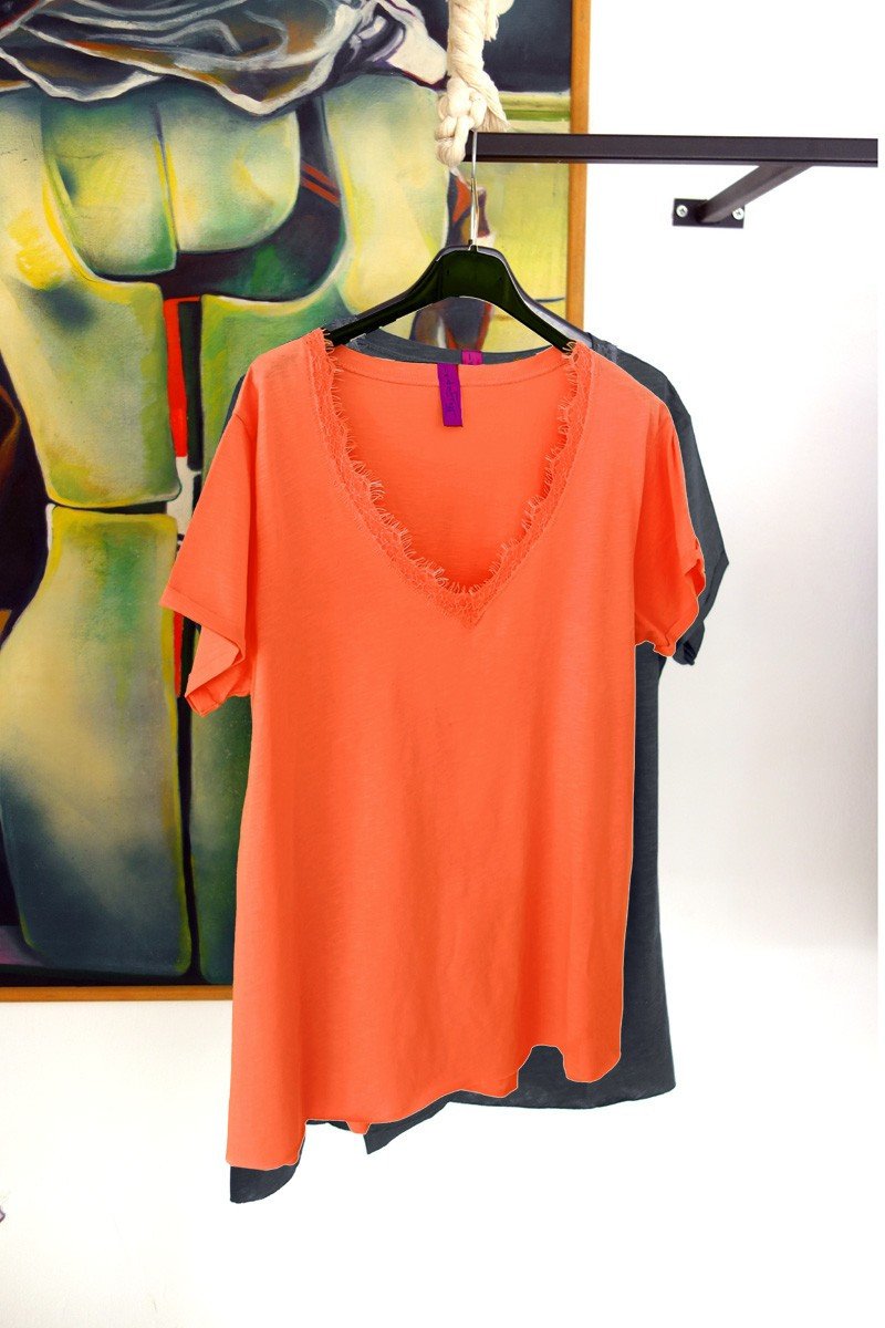 T-shirt Με δαντελάκι Κοντό Μανίκι Cotton σε άλφα άνετη γραμμή