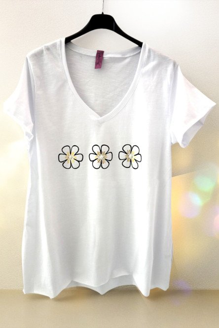 T-Shirt λουλουδάκια με τύπωμα και πέρλες 9227