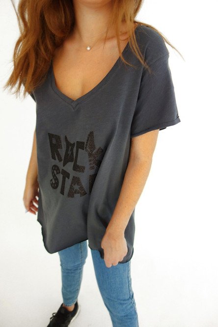 T-Shirt Rock Star 2283 Γυναικεία Μπλούζα με Τύπωμα Μακρύ Μανίκι Και V Λαιμόκοψη